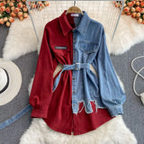 Zingj Spliced Corduroy Lapel Dress 2023 Autumn And Winter New Korean Version Waist Shows Thin Irregular Medium