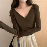 V-Necked, Shoulder Padded, Long-Sleeved T-Shirt With New Autumn And Winter Waist And Short Style Lazy Wind