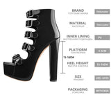 Onlymaker Women's Platform Buckle Belts Chunky 15~16cm Round Heel Peep Toe Black and Red Fashion Zipper Sandals For