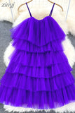 Cascading Ruffle Mesh Spaghetti Strap Mini Dress Women Purple/Green/Pink Sleeveless A-Line Vacation Beach Vestidos