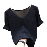 Zingj Summer Thin New Ice Silk Sweater Loose V-Collar Bottomed Black T-Shirt Short-Sleeved Women's Solid Color Ins