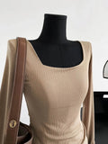 square-neck t-shirt women's slim-fit exposed collarbone low-neck short top bottoming