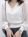 size Women's Spring Autumn Style Chiffon Blouses Shirt Women's Knitted Button Long Sleeve Solid Color Lace Patchwork