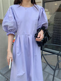 Kitty Normcore Chic Lantern Sleeves Maxi Dress Women Hollow Out Summer 2022 Slim Close Waist Solid New Sweet Casual