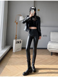 Women Autumn New Fleece Matte PU Leather Pants Leggings Elastic Slim Skinny Leggings Windproof Winter Warm Sexy