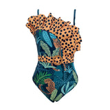 New Sexy Print Swimwear Ruffles Dots Women Swimsuit One Piece Bodysuit Patchwork Monokini Bathing Suit Pad Female