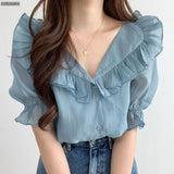 Summer Ruffled Lapel Chiffon Shirt Women Blouses Korean Style Elegant Sweet Puff Sleeve Tops Female Blusas