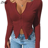 Women Front Zipper Ribbed Crop Top Autumn Solid Color Zip Long Sleeve V Neck Tight Knitwear T Shirts