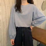 Long Sleeve T-shirts Women Basic Tops Lantern-sleeve Baggy Tshirts O-neck Preppy Style Casual Candy Colors Korean