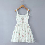 White Floral Print Bow Strap Chiffon Mini Dress-Outfit