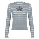 Striped Five-Pointed Star Leisure T-Shirt Women's Autumn Daily Simple Commuter Star Hit Color Long-Sleeved