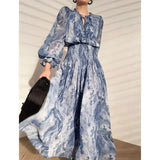 Style Elegant Print Dress for Women 2023 Summer Fashion Chic Long Sleeve Lace-up Female Dress Temperament Midi