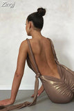 Women 2023 New Y2K Bright Golden Elegant Evening Party Wedding Backless Super Low Cut Lace Up Pleated Hem Slitted