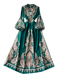 Vintage Dress Women's High-End V-Collar Lantern Sleeves Show Thin Waist Fashionable Print Forked