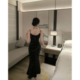 Zingj New Light Luxury French Condole Dress Female Autumn Velvet Fishtail Temperament Black Sequined Evening Dress