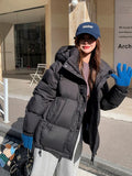 Hooded Logo Down Jacket Female Short 2024 Winter Fashion Ribbon Warm White Duck Velvet Knitted Sleeve Bread Clothes-Outfit