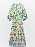 Printed Knot Cut Out Vacation Long Dress Women Long Sleeves V-neck A-line Dresses 2024 Casual Female Summer Street