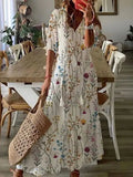 Solid Ruffles Pleated Long Party Dress Women Short Sleeve Loose Casual Dress2025 Autumn V Neck Tassel Hollow Out Dresses 211-1-Outfit