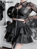 SUCHCUTE Goth Aesthetic Lace Up Mini Skirt For Women Dark Academia Mesh Patchwork A-Line Skirt Punk Style Party Black