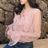 Bow Beading Pink Spring Gauze White Blouse 2020 Summer Women Chiffon Shirt Female Blouses Top Office Shirts Blusas 4323