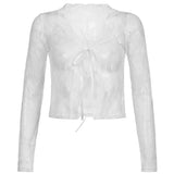 SUCHCUTE Sexy Lace Up Crop Tops Vintage Floral See Through Long Sleeve Women T-Shirts Brown Retro Mesh Aesthetic Clothes