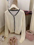 Gentle Little Gold Bean Buckle Hit Color V-Collar Knitted Cardigan Women's Spring Leisure Outfit Shows Thin Korean Style