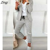 Autumn Casual Plaid Print Long Sleeve Blazer Coat & Drawstring Pants Set Two Pieces Suits Womens Elegant Ladies Tops