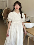 White Dress Women Summer Kawaii Midi Dresses Bow Preppy Style Sundress Ruffle Patchwork Peter Pan Collar Puff