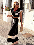 Contrast Patchwork Maxi Skirts 2 Piece Sets Women V Neck Ruffles Sleeve Cropped Top Suit 2024 Elegant Lady Vacation