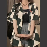 Streetwear Y2k Plaid Woman Overshirt Elegant Blouses for Women Short Sleeve Summer 2023 Womens Fashion Korean Style