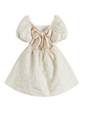 French Puff Sleeve Square Collar Puffy Evening Dress Bow Summer Backless Elegant High Waist Mini Prom Dress Retro