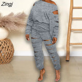 Women Sets Autumn Winter New Solid One Shoulder Long Sleeve Top + Pants 2 Pieces Set Casual Sporty