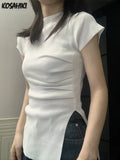 All Match Split T-shirts Grunge Pleated Knitted Slim Fit Top Women Short Sleeve Y2k Aesthetic Fashion Solid Harajuku
