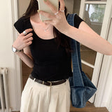 Low Round Collar Solid Color Short-Sleeved T-Shirt Women's Early Spring New U-Collar Slub Cotton Slim And Thin Bottom