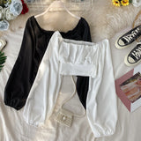 Autumn Women's Blouse French Retro Square Collar Solid Color Short Top New Navel Stretch Waist Thinning Shirts