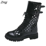 Sales Genuine Leather Hollow Out Short Boots for Women Buckle Round Toe Thiick Heels Pumps Ladies Retro Party
