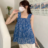 Tanks Women Loose Fashion Folds Sweet Tender Casual Vacation Square Collar Vintage Chic Streetwear Sleeveless Tops