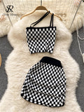 Women Summer Plaid Knit Set 2022 Retro Casual Vacation Elastic Waist Fashion Temperament A Line Mini Two Piece