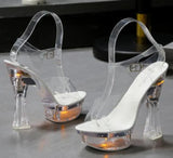 Square Heels Glowing Sandals Women Summer LED Flowers Transparent High Heels Shining Platform Thick Heel Ladies Banquet