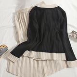 Autumn Women's Knitted 2 Piece Set Chic Office Ladies Single Breasted Cardigan Sweater + Pleated Knee-Length Skirt