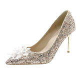 Zingj Crystal Silver Bride Shoes 2023 Autumn Tip Chinese Wedding Shoes Silver High Heels High Heels Heel