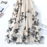 Tulle Skirt Women Vintage Butterfly Embroidery Elastic High Waist A-Line Mesh Pleated Skirt Female Midi Skirt Faldas