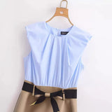New Spring Style With Belt Collision Color Sleeveless Flute Dress