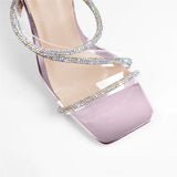 Onlymaker Women's Summer Crystal Lace-Up Stiletto High Heel Sandals Multicolor Square Toe Cross Strap PVC Bling