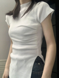 All Match Split T-shirts Grunge Pleated Knitted Slim Fit Top Women Short Sleeve Y2k Aesthetic Fashion Solid Harajuku