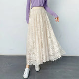Midi Long Lace Skirts Spring Summer Elastic High Waist Female Mesh Pleated Skirt Fairy