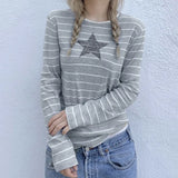 Striped Five-Pointed Star Leisure T-Shirt Women's Autumn Daily Simple Commuter Star Hit Color Long-Sleeved