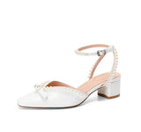 Zingj Summer New French Middle Heel Baotou Sandals Women's Thick Heels With Pearl High Heels Fairy Wedding