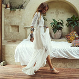 2022 Summer Boho Women Maxi Dress Half Sleeve Transparent Loose Sexy White Lace Long Tunic Beach