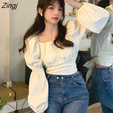 Women Back-bow Tender Spring Solid Sweet Style Korean Ladies All-match Crops Trendy Slim Blusas Puff Sleeve Preppy